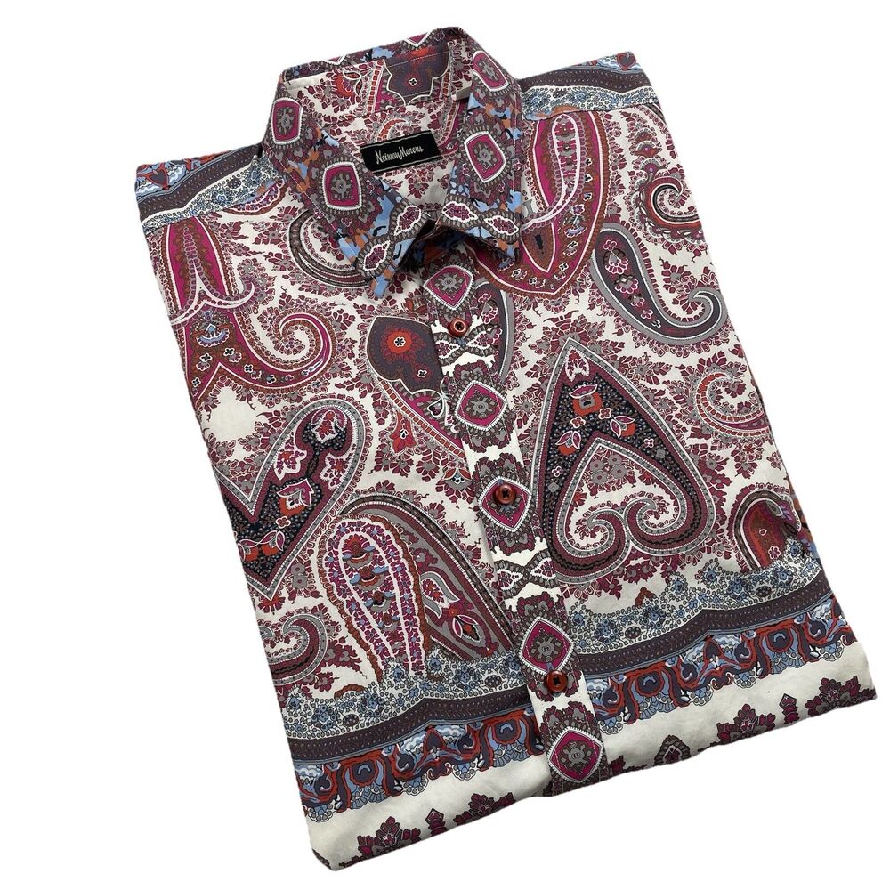 Neiman Marcus Mens Paisley Long Sleeve Button Up Retro Pink-M